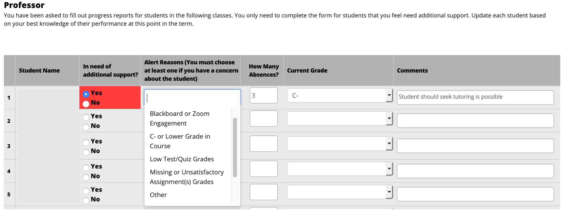 Screenshot of Progress Report example students and the options in submitting a progress report