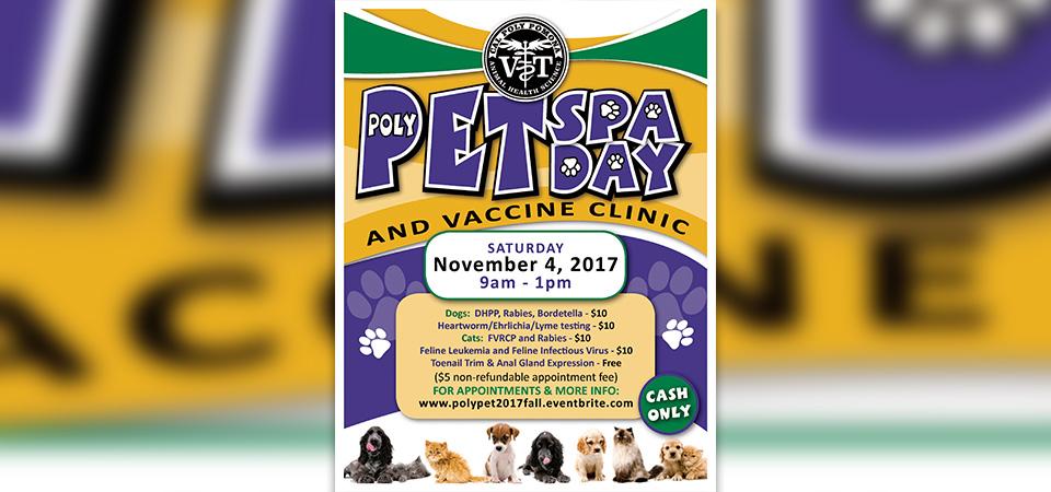 A flier for Poly Pet Spa Day & Vaccine Clinic.