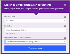 Screenshot of search box for articulation agreements
