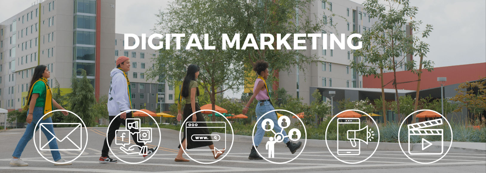 students walking across street with digital marketing icons