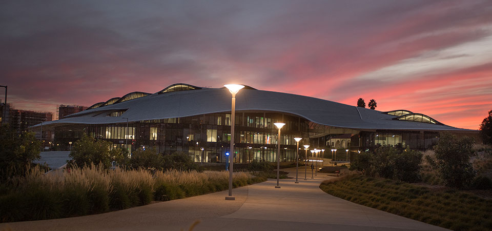 Student Services Building at sunset