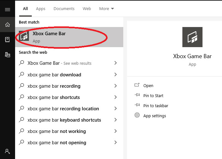 application menu showing xbox game bar option