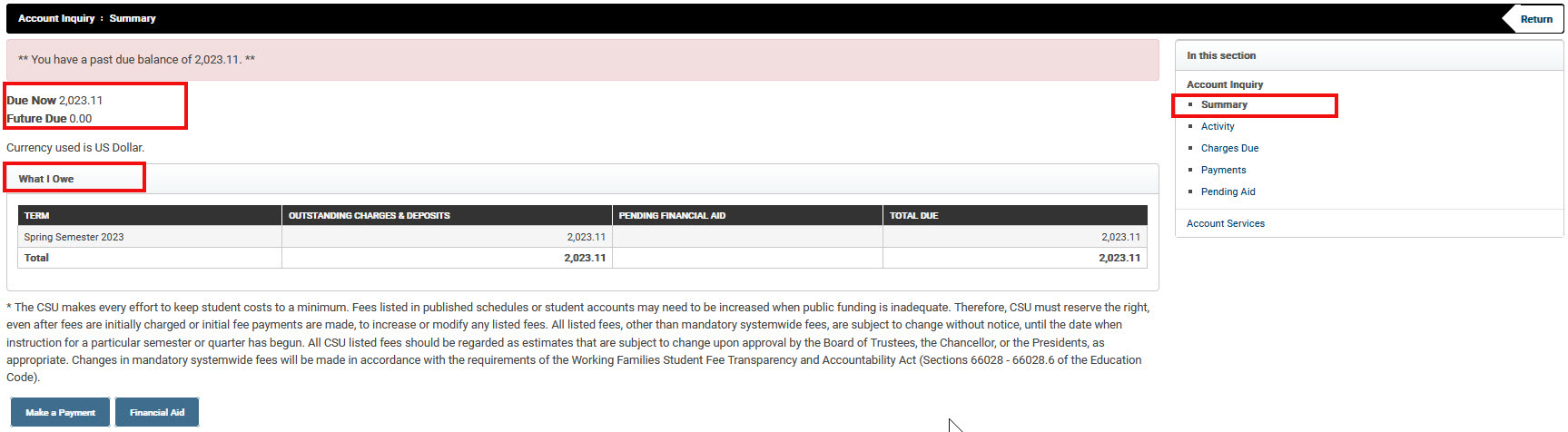 image of account inquiry summary page in broncodirect - summary in navigation box is highlighted as is the amount due now