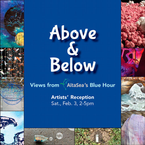 blue box in white text above and below with to boxes with art work around it and in white artist reception 