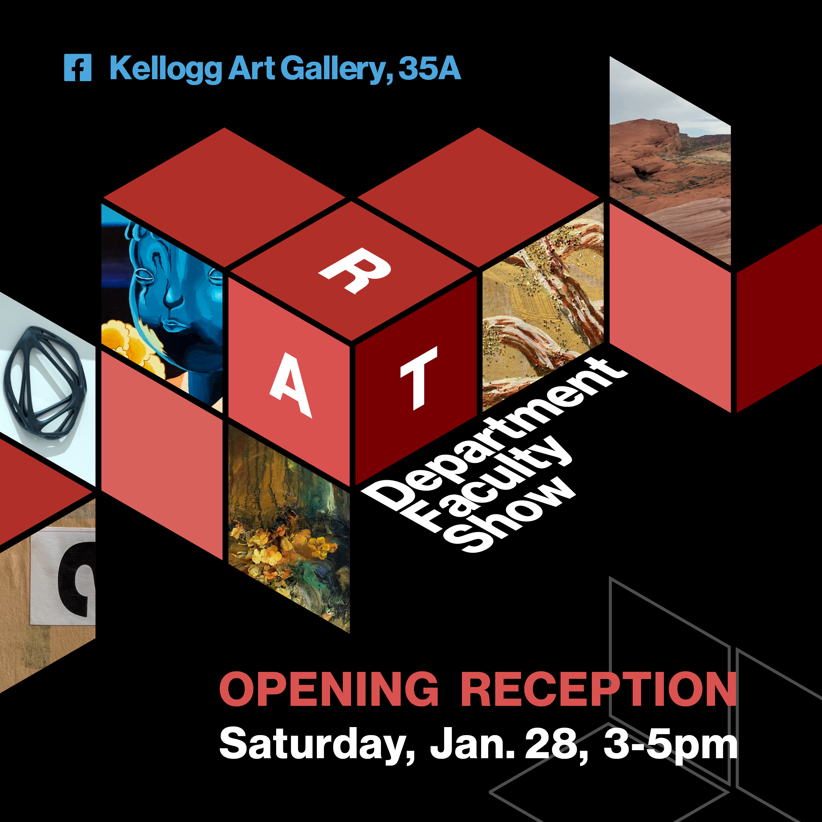 Kellogg art gallery art department faculty show opening reception Saturday January 28, 3-5 pm