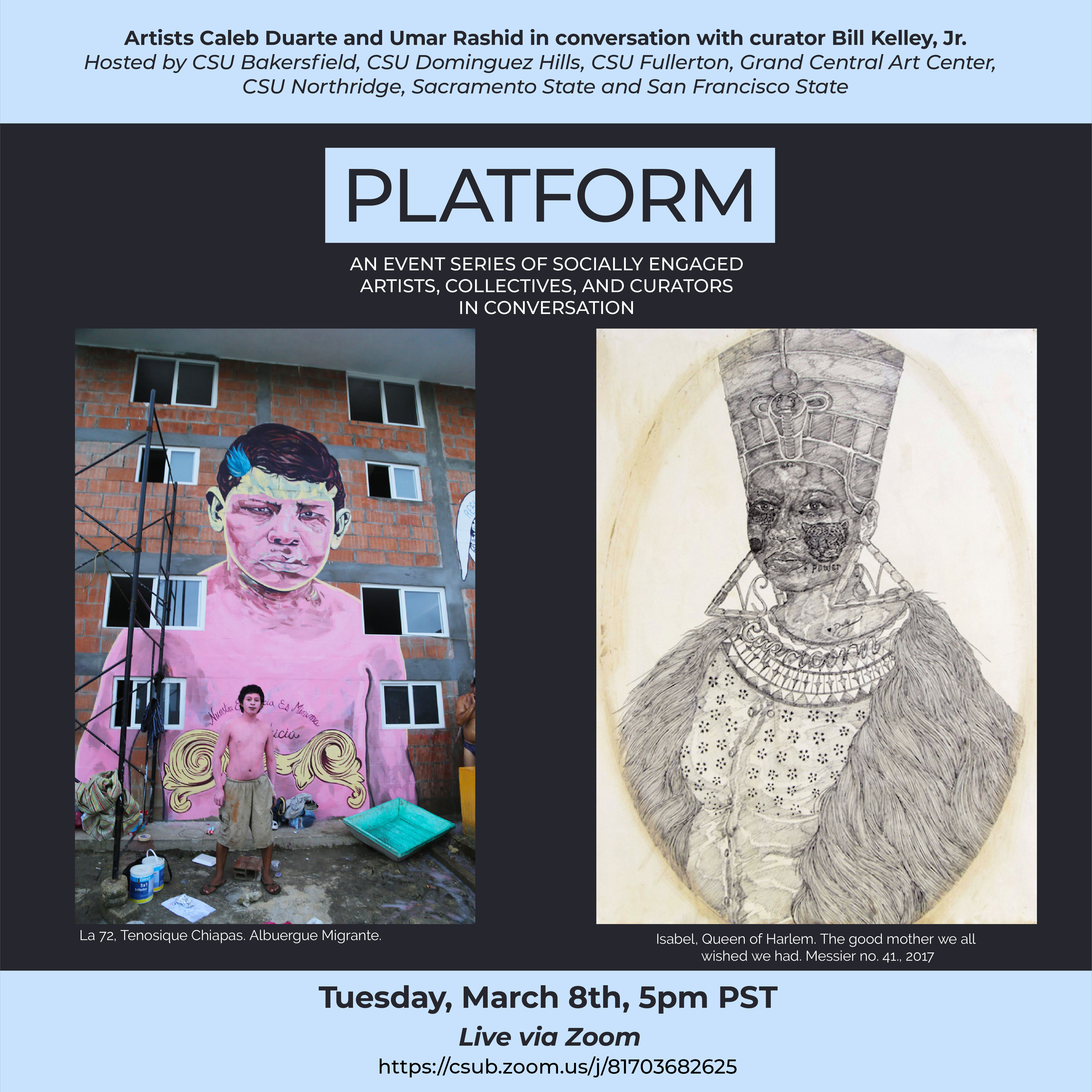 ConSortiUm’s PLATFORM online lecture series resumes with the artists Umar Rashid and Caleb Duarte, in conversation with curator Bill Kelley, Jr. It takes place Tuesday, March 8 at 5:00 p.m and will be presented live via Zoom with a recording available for post-live-stream viewing. The event is free and open to the public. See you there!