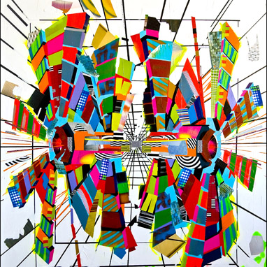 colorful abstract painting involving 3-dimensional shapes