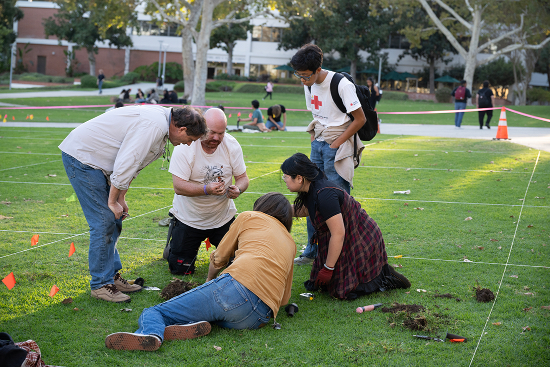 Students in the quad doing an excavation