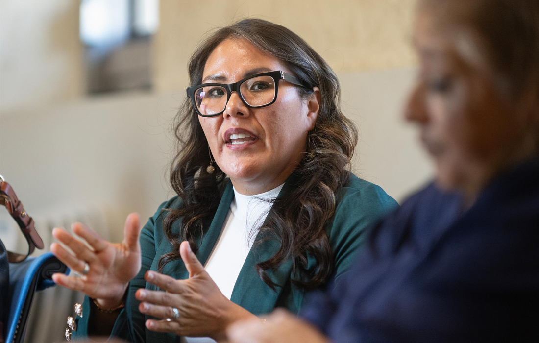 Erica Ben speaks at the Rainbow Weaver Room of the Native American Student Center