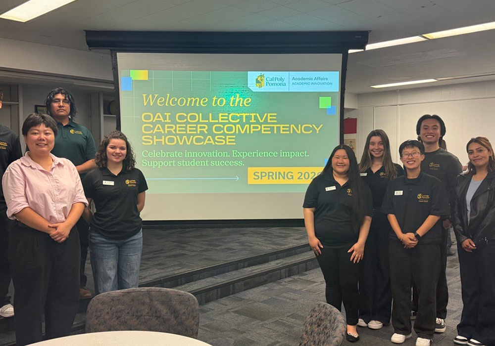 Students pose with the screen showing their presentation for the OAI collective career competency showcase - Celebrate innovation, Experience impact and support student success.