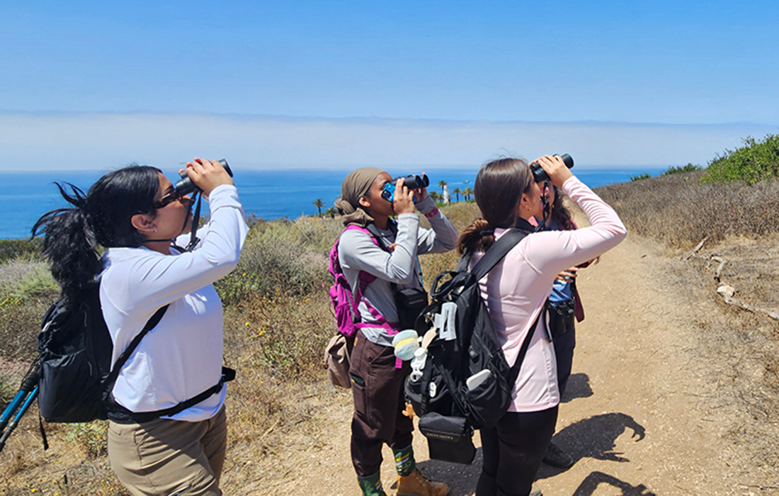 Three female students look towards the sky using binoculars