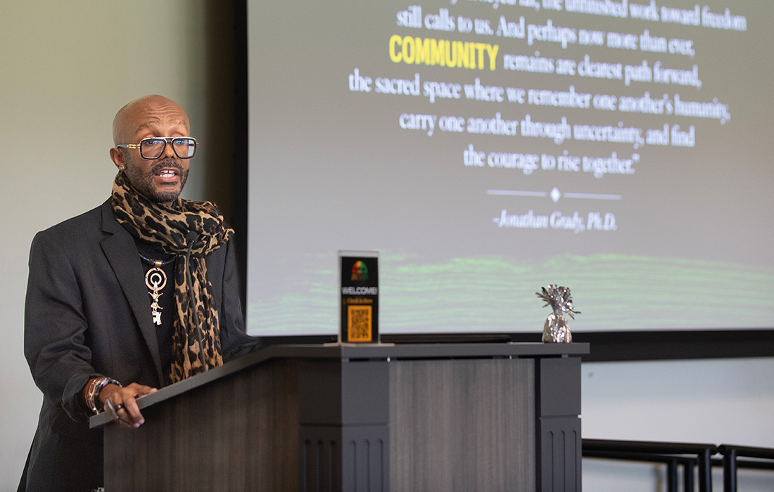 Jonathan Grady, senior associate vice president of community and belonging, spoke at the 2026 Juneteenth Symposium on campus.