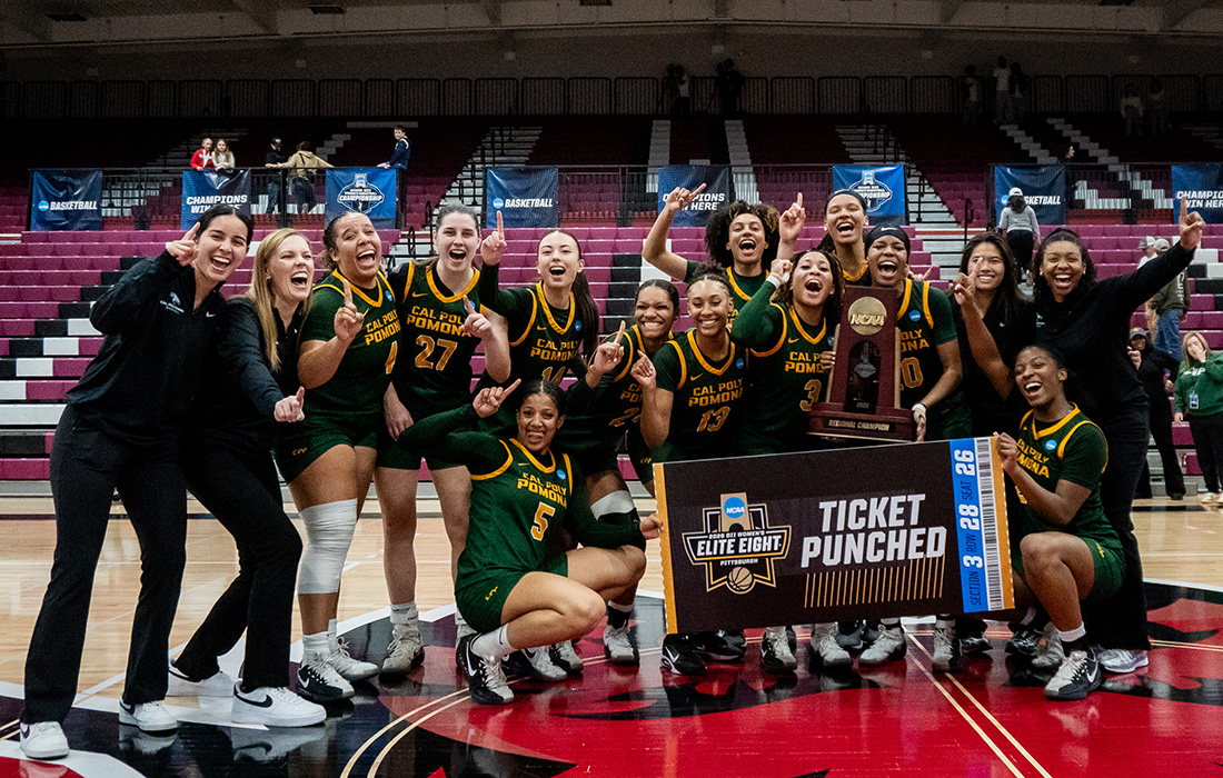 The Cal Poly Pomona Women's Basketball team holding an NCAA 2026 Elite Eignt Ticket Punched sign. 