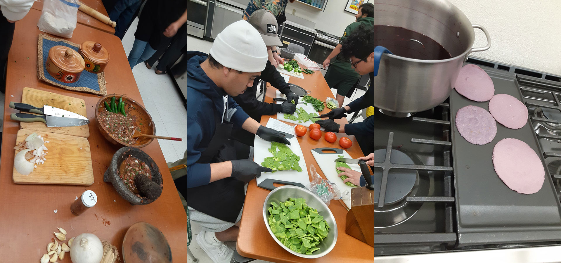 A montage of three photos showing students cooking
