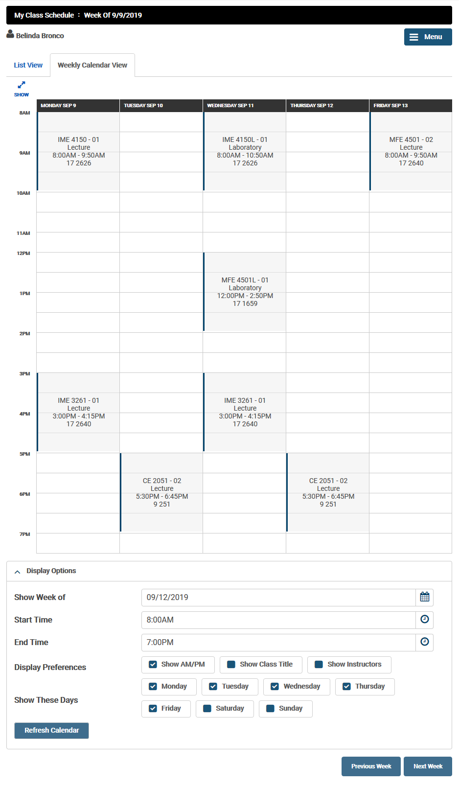 My Class Schedule in BroncoDirect Beta