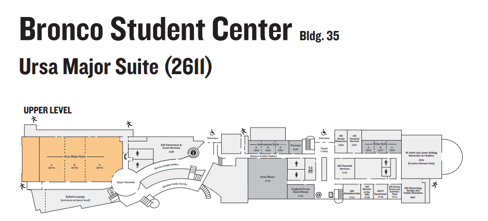Map of bronco student center (building 35) showing upper floor. Ursa Major is suite 2611