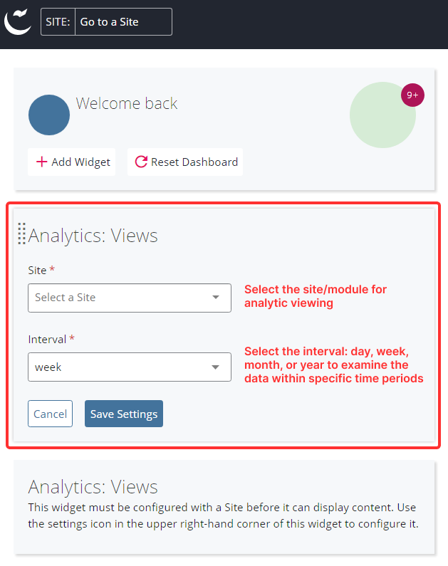 Analytic widget that allows user to select "Site" and "Interval" with a "Save Setting" button