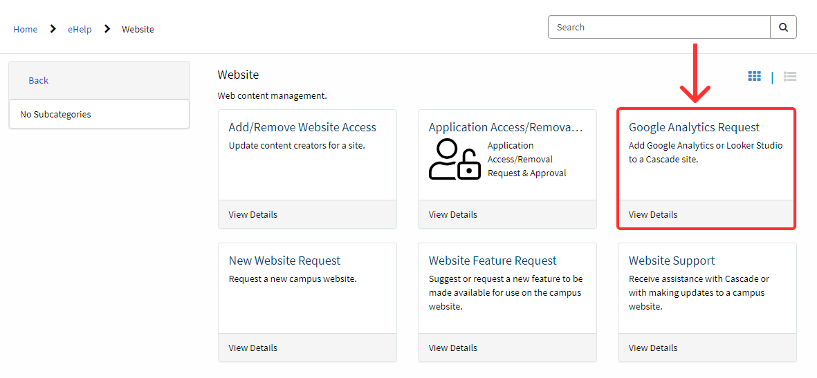 Category "Website" with six different forms. One of them being "Google Analytics Requets"
