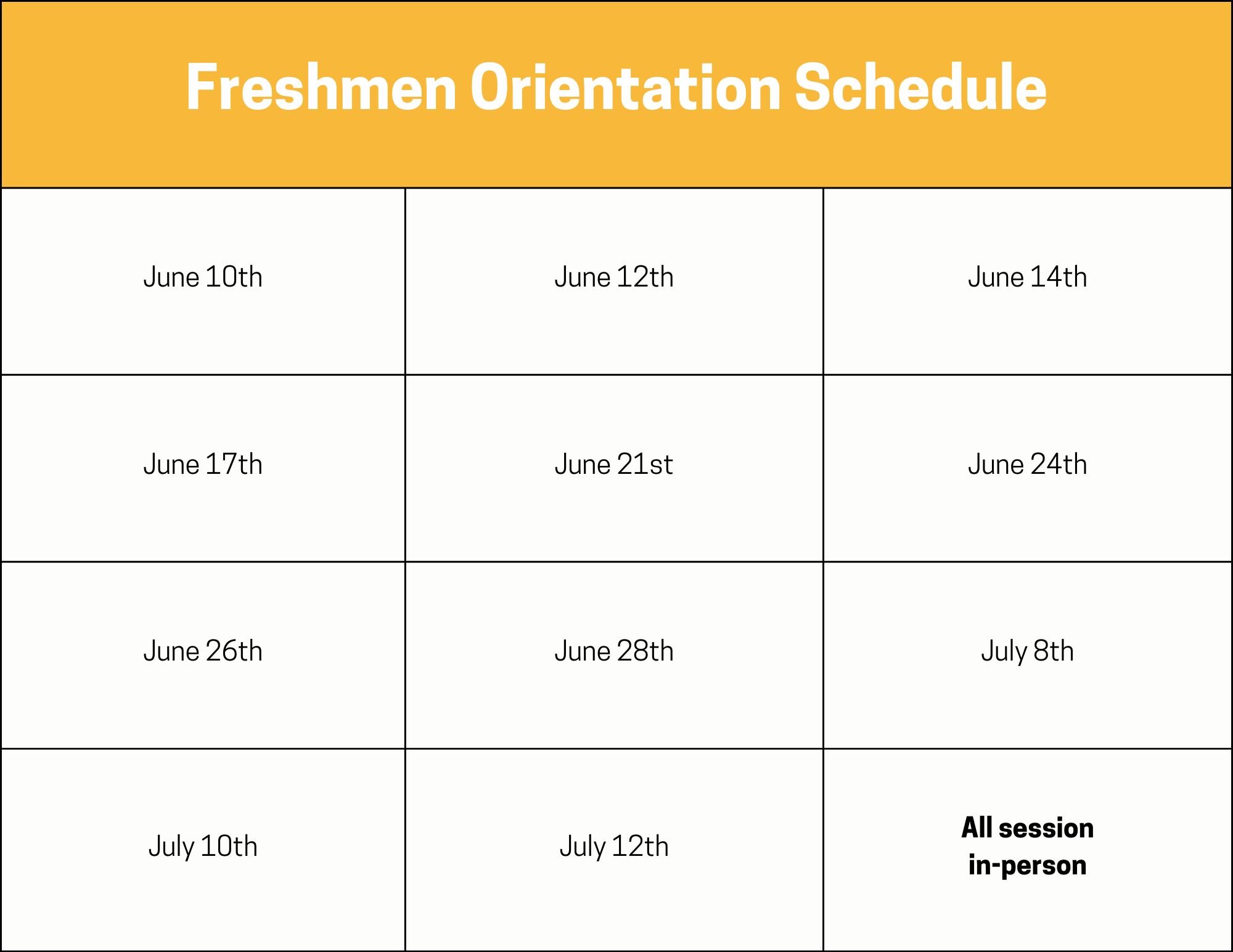 table with orientation schedule