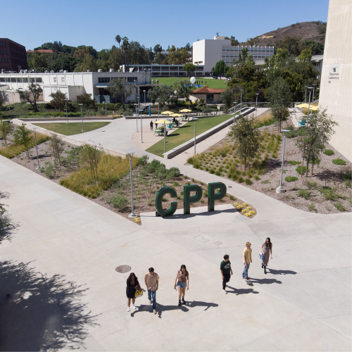 Aerial shot of students walking across campus