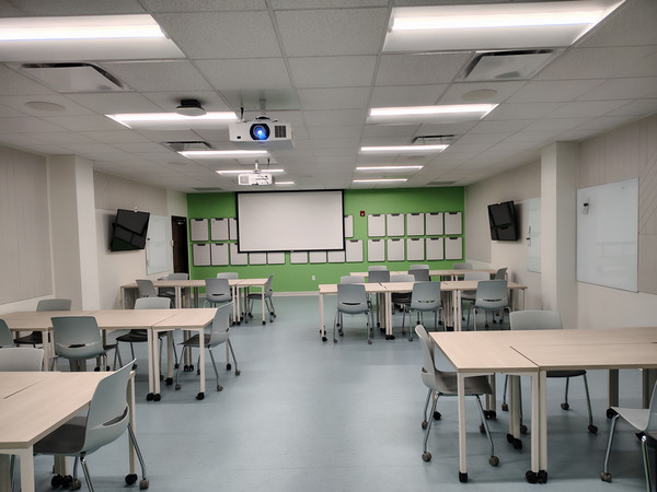 Remodeled classroom in the College of Letters, Arts and Social Sciences, Building 5-262, with flexible furniture and integrated displays.