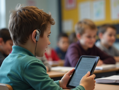 Student using hearing aids and a text-to-speech app to follow along in a classroom
