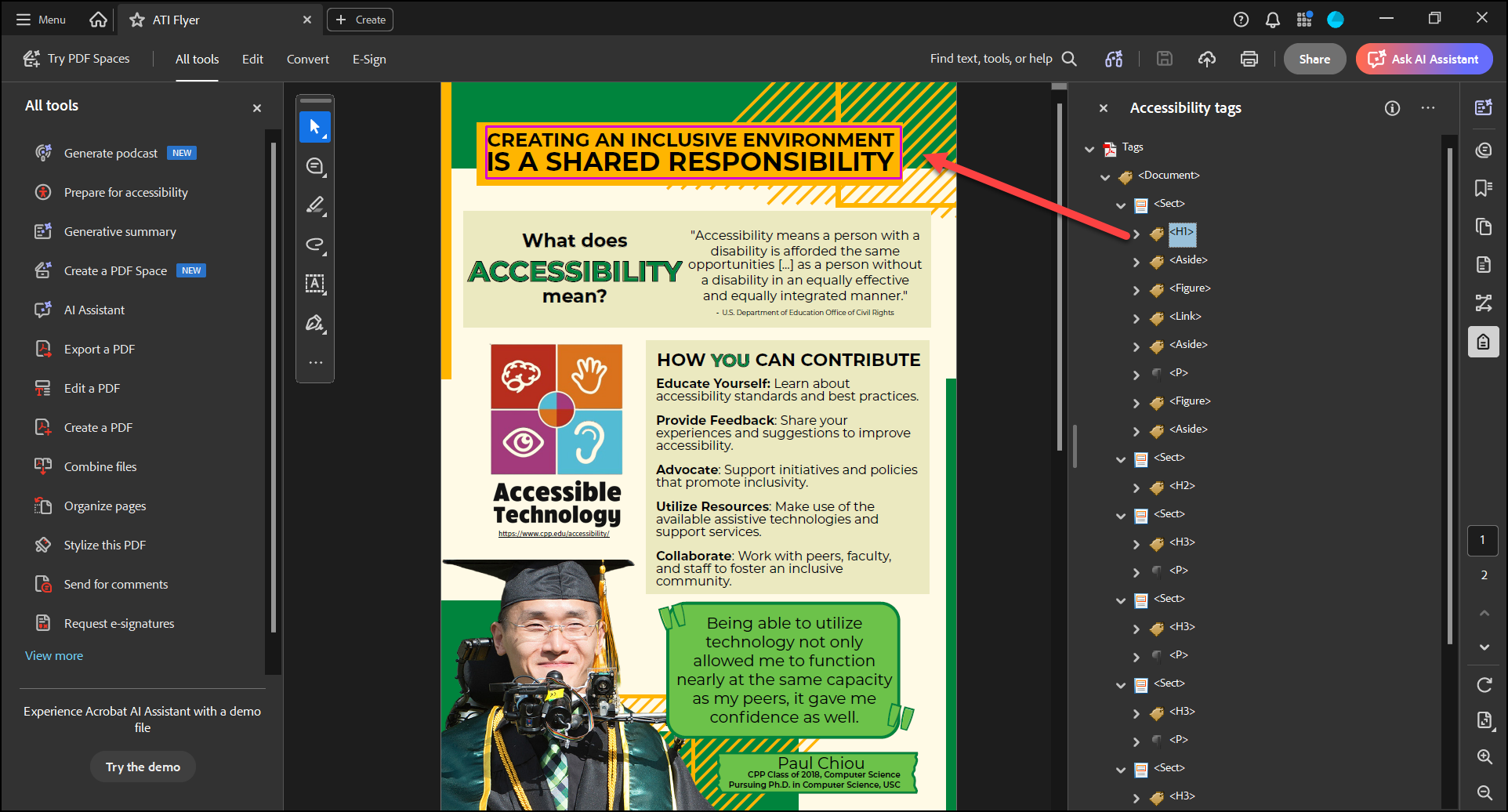 Navigating through tags to evaluate reading order