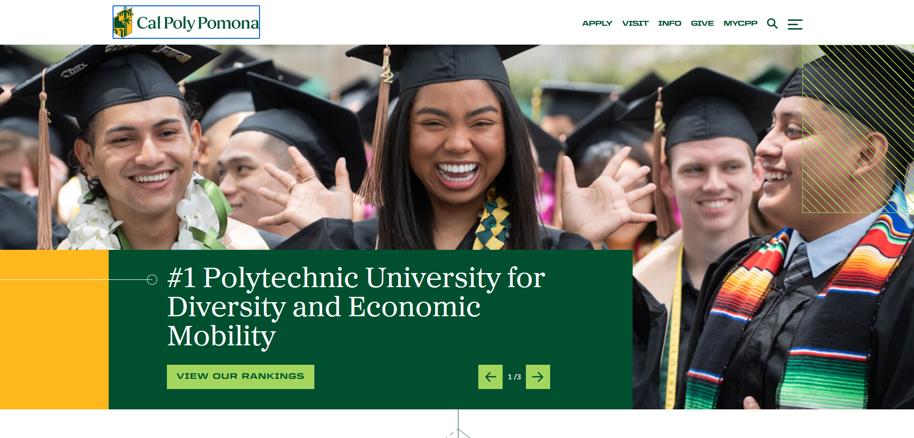 Cal Poly Pomona homepage with a blue border around the Cal Poly Pomona logo in the top left corner.