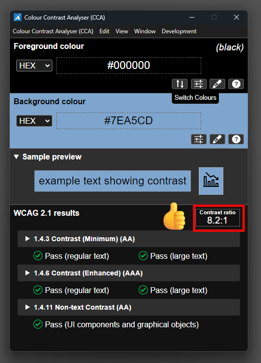 Black text on cornflower blue passes minimum contrast requirements with a ratio of 8.2:1