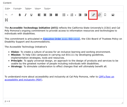 Example of editing text in Cascade with link button highlighted.