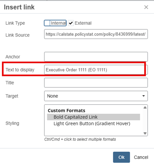 Insert link window in Cascade with Text to display field highlighted.