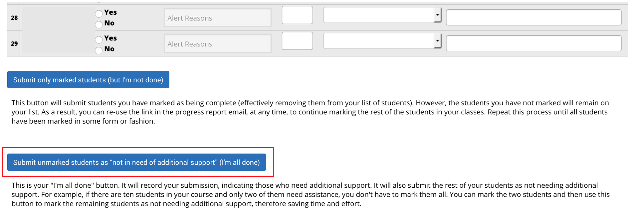 Screenshot of Early Alerts Progress Report window, with a red box around "Submit unmarked students as 'not in need of additional support' (I'm all done)