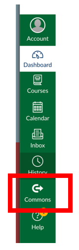 Screenshot of Canvas navigation with a red box around the Commons icon