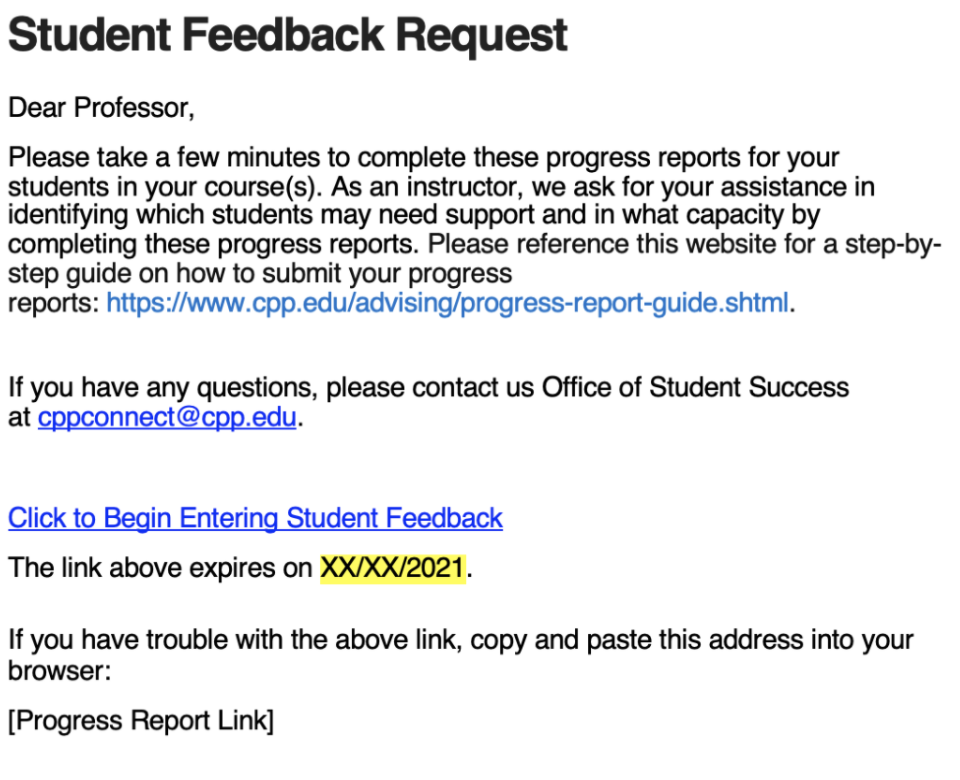 Screenshot of a Student Feedback Request email
