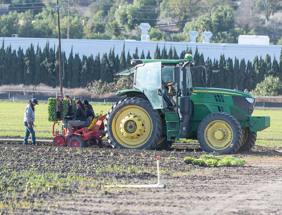 Students uses a tractor to plant crops at Cal Poly Pomona's Spadra Farm.