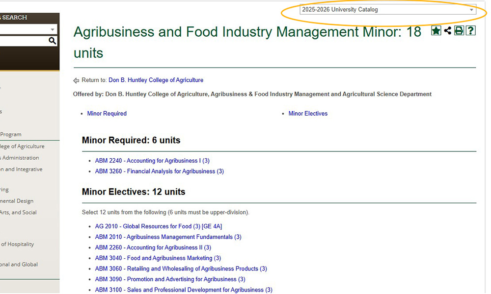 Screenshot of the University Catalog, showing a drop-down menu in the upper right-hand corner that allows visitor to choose catalogs by academic year