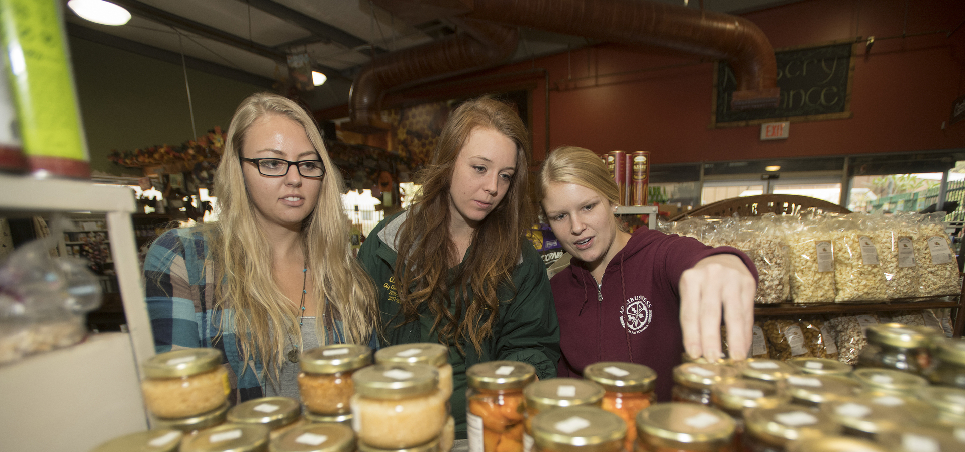 Agribusiness students survey merchandise at the farm store