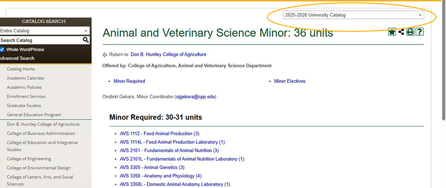A screengrab of the University Catalog page on the animal and veterinary science minor