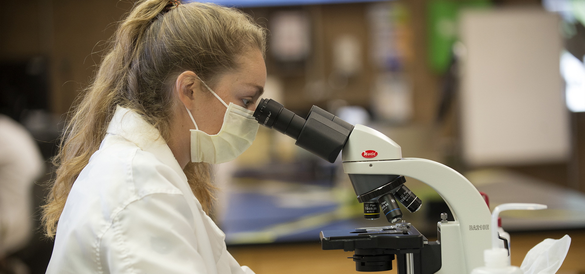 Student looks through a microscope for parasites in horse manure