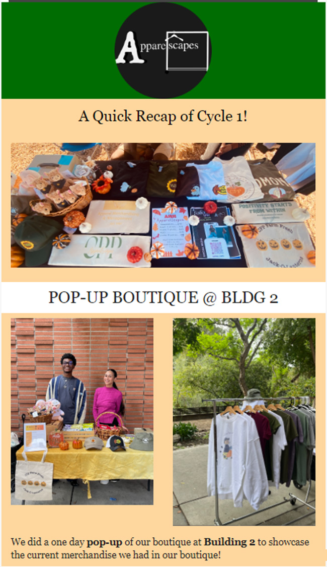 Page 1 of the newsletter showing the pop-up boutique outside Building 2