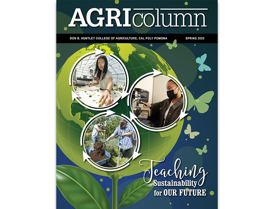 Photos of students working with an aquaponics system, soil, and fiber testing.