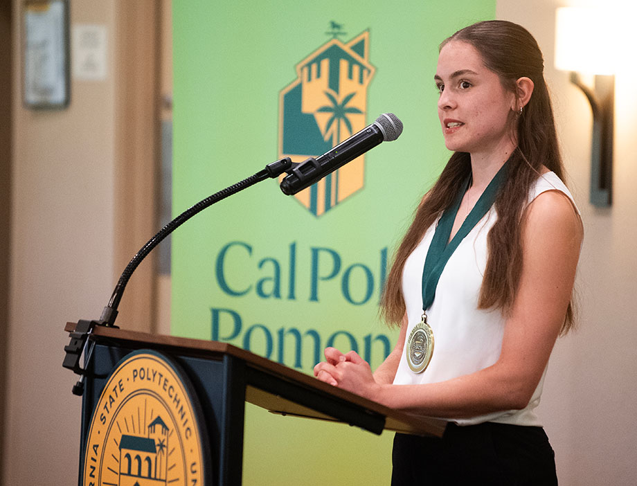 A female student speaks after receiving a scholarship