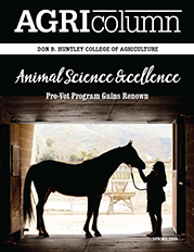 The cover of the 2025 AGRIcolumn magazine showing an Arabian horse with a female student silhouetted with the headline,  "Animal Science Excellence: Pre-Vet Program Gains Renown"
