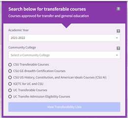 Screenshot of transferable course list