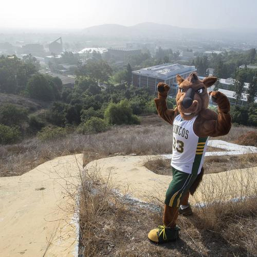 Billy Bronco in posing by CPP letters with campus in background