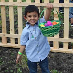 A boy holds up a basket full of eggs.