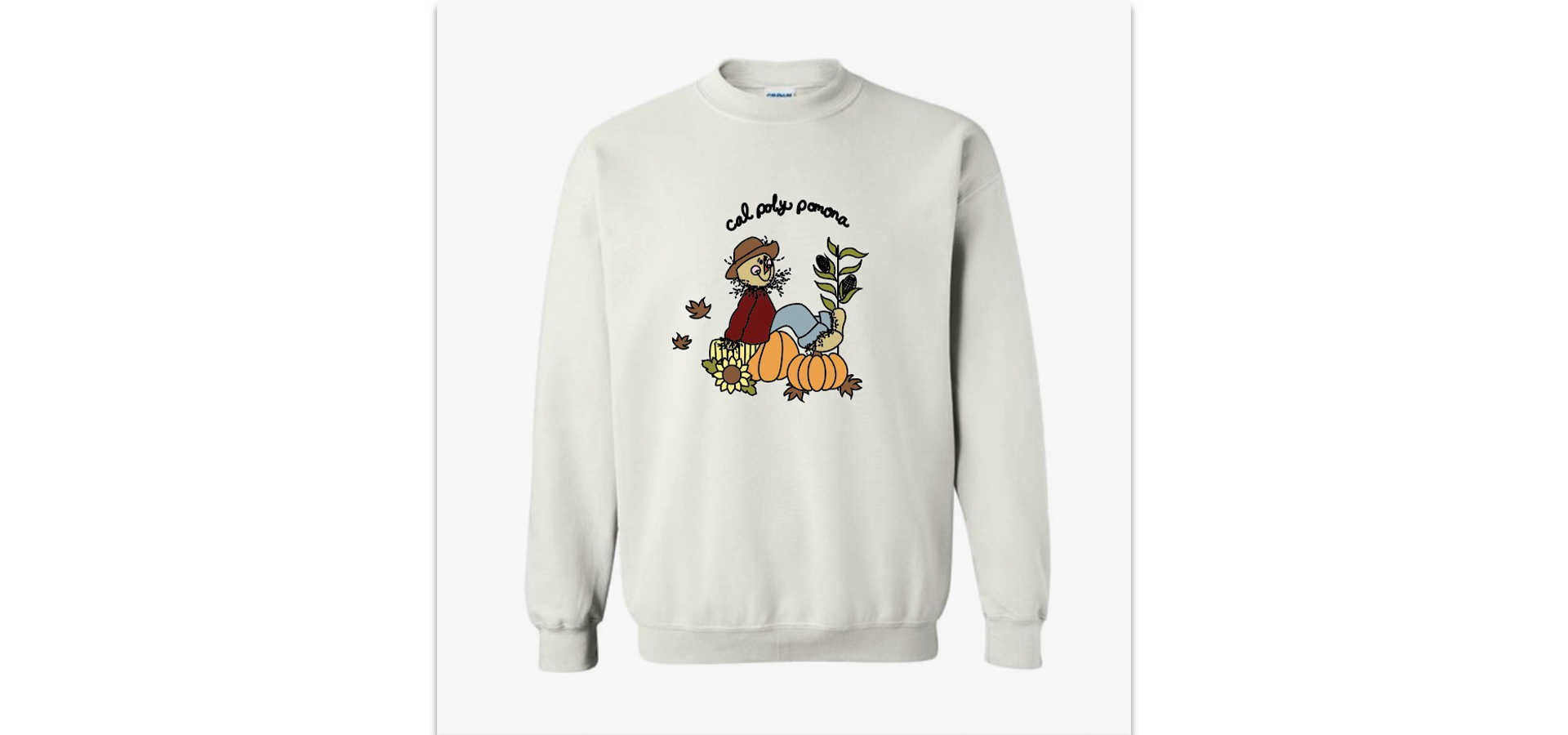 A sweatshirt with a scarecrow, pumpkin, and "Cal Poly Pomona" on it