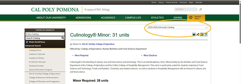 Screen shot of the Culinology minor page in the University Catalog.