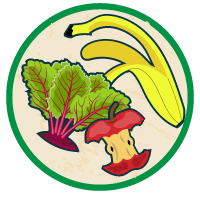 Illustration of an apple core, banana peel, and chard