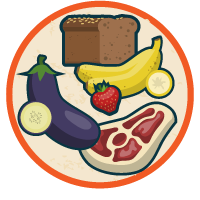 An illustration with an eggplant, strawberry, steak, banana. lemon, and bread